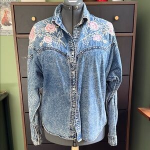 Vintage 80s Acid Washed Denim Shirt with Floral Embroidery